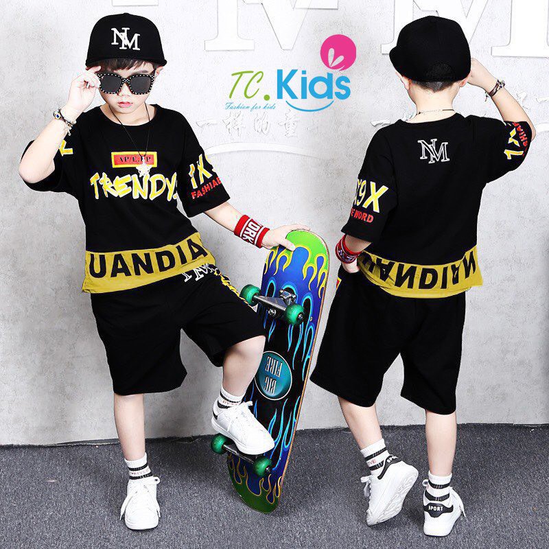 Bộ bé trai phong cách hip hop thun cotton xinh mát 3 màu như hình