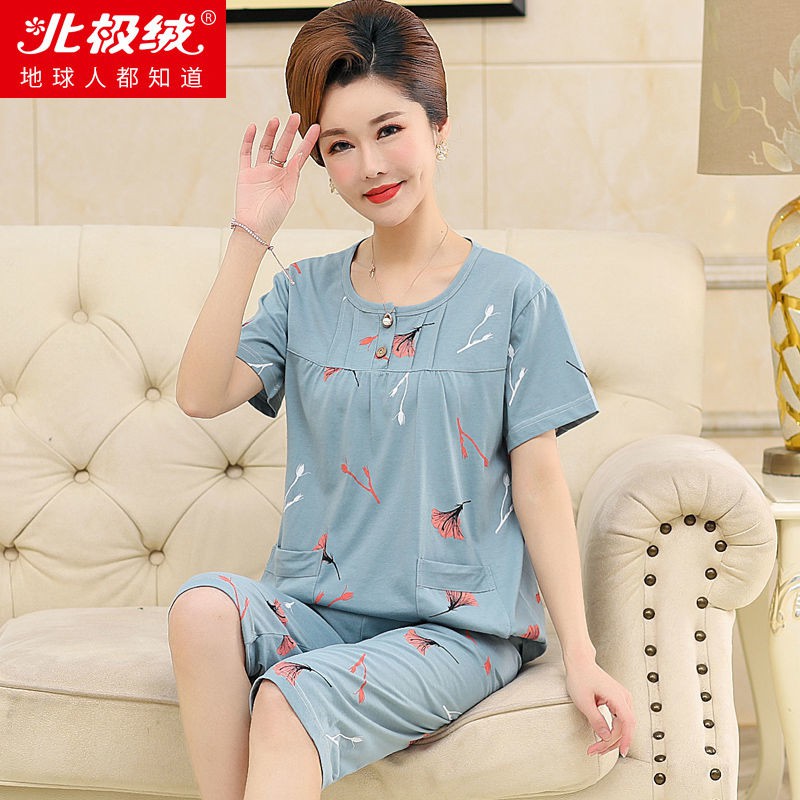 Đồ ngủ bà mẹ, quần tây ống ngắn tay bằng cotton mỏng phù hợp với người trung niên và mẹ chồng cộng sizeFF