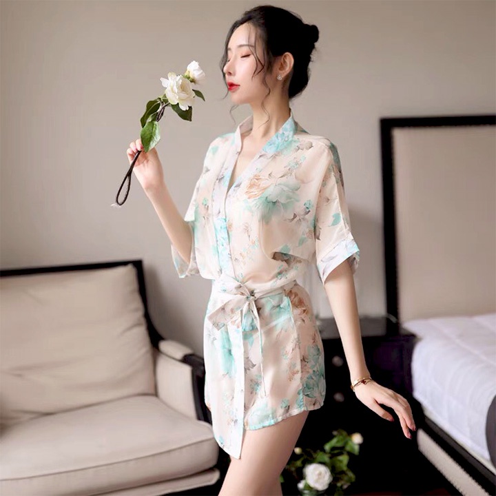 Áo choàng ngủ xuyên thấu sexy kiểu kimono in hoa sang trọng BT42218