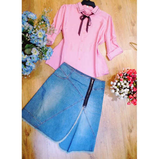 Set (có rời) áo sơ mi đũi và chân váy jean chữ A BLUE TULIP