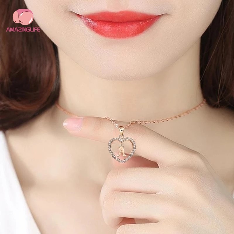 [Amazinglife] Vòng cổ Kim Loại Mặt Chữ Cái Tiếng Anh / Trái Tim Đính Đá Đơn Giản Sáng Tạo / Quà Tặng Bạn Gái
