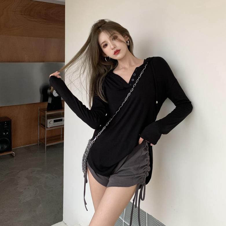✻▣✻> Áo phông chống nắng nữ mùa hè kiểu mới cổ chữ V có mũ trùm đầu Phong cách Hồng Kông dài giữa băng lụa cánh ་
