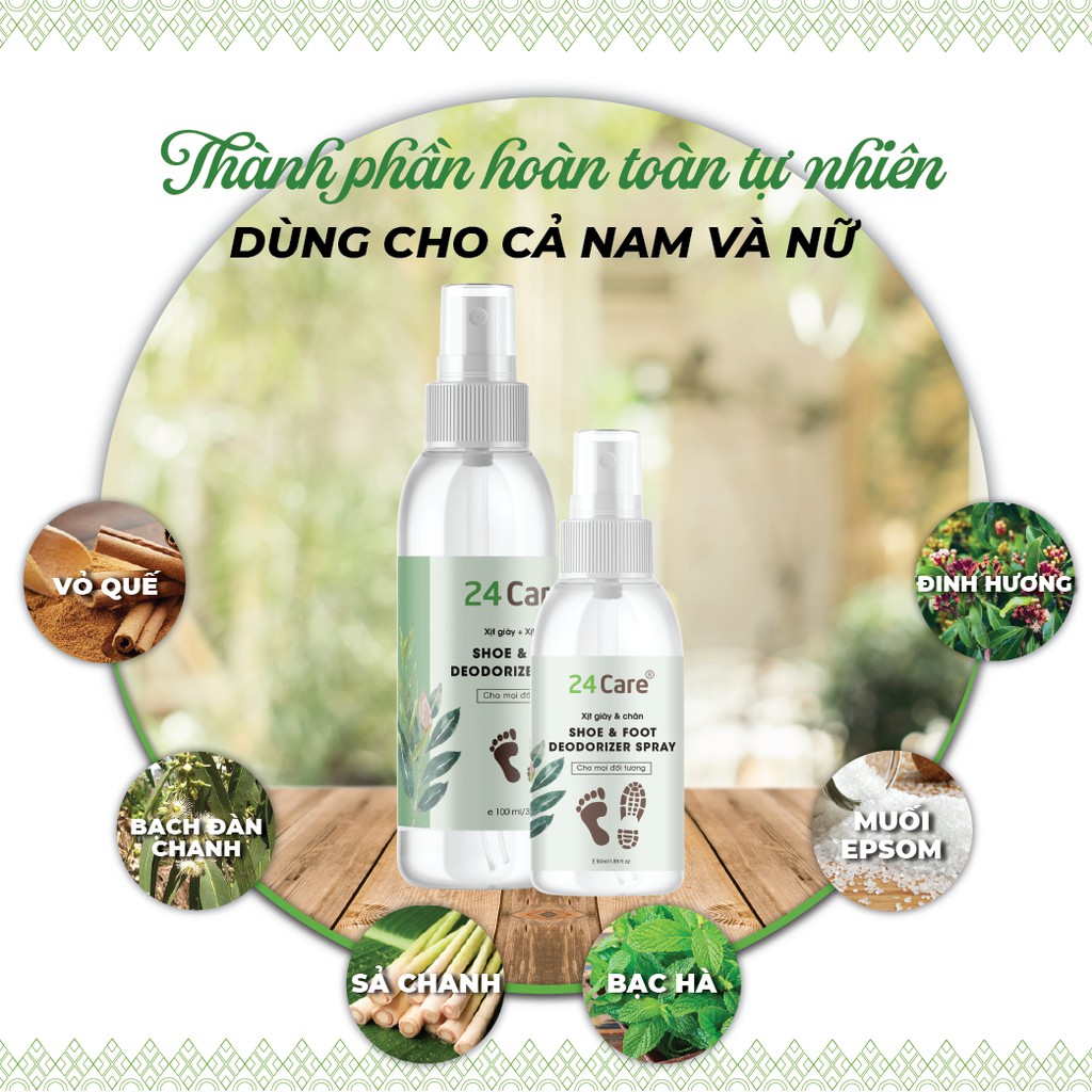 Chai xịt lưu hương, khử mùi giày, sạch khuẩn chiết xuất thảo mộc 24Care 50ml