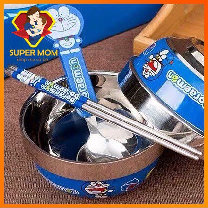 🔥Cao Cấp🔥 Bộ Đũa Thìa tập ăn 2 món inox chống gỉ cho bé hình Doremon Doraemon