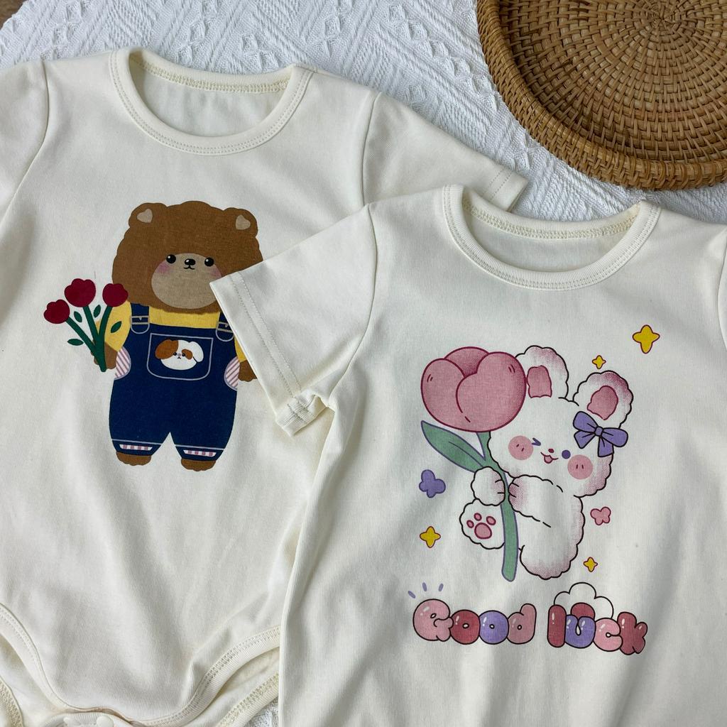 Bộ Áo Liền Quần Tay Ngắn Kèm Nón In Họa Tiết Gấu / Thỏ Dễ Thương Thời Trang Mùa Hè Cho Bé 0-2 Tuổi