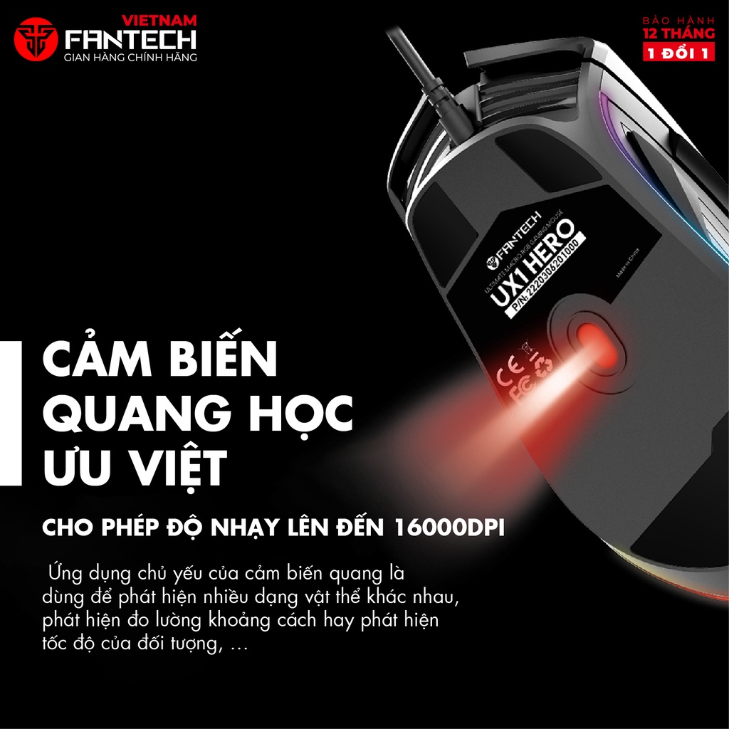 Chuột chơi Game FANTECH UX1 siêu bền 50 triệu lần click, DPI 16000, LED RGB, kết nối thông qua jack cắm USB