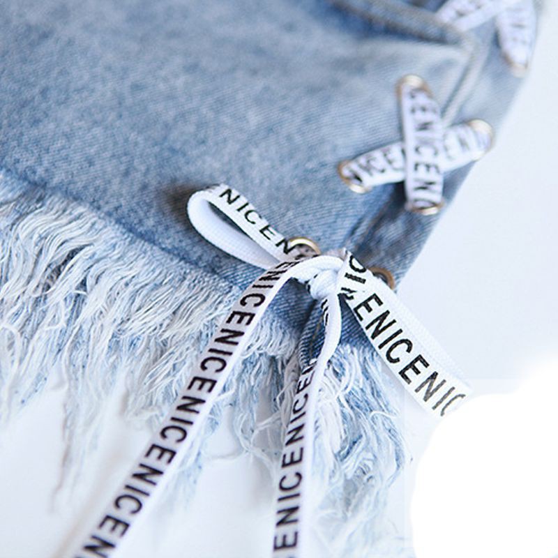 Quần Đùi Nữ Bò Quần Short Nữ Rách Quần Jeans Denim Rách Gấu Phối Dây Đan Chéo Bên Hông Phong Cách Mùa Hè Dành Cho Nữ