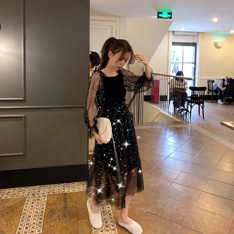 (SẴN) Váy công chúa dáng xòe 2 lớp tay dài lấp lánh BLINK BLINK phong cách dễ thương xinh xắn V00109 | BigBuy360 - bigbuy360.vn