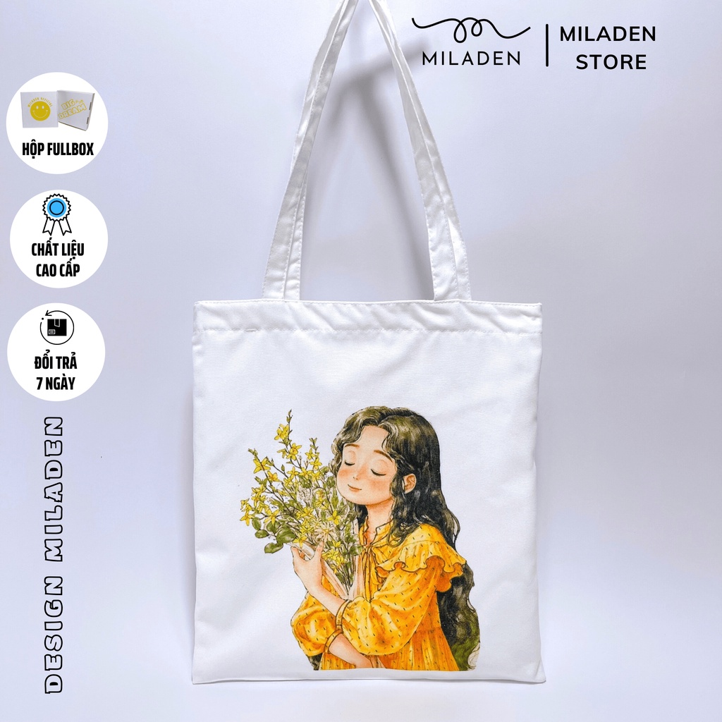 Túi Vải, Túi Tote Canvas Cao Cấp Fullbox, Girl Ôm Hoa miladen.