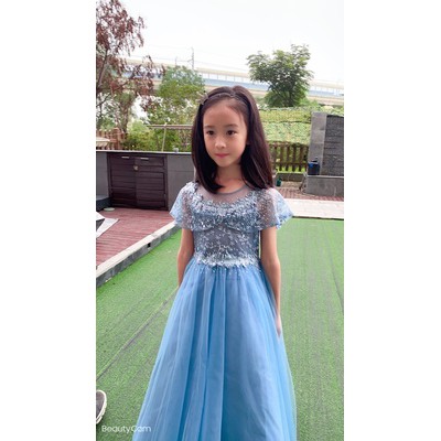 [13kg-40kg] Áo đầm công chúa xòe Xanh choàng vai ren thêu cao cấp cho bé gái