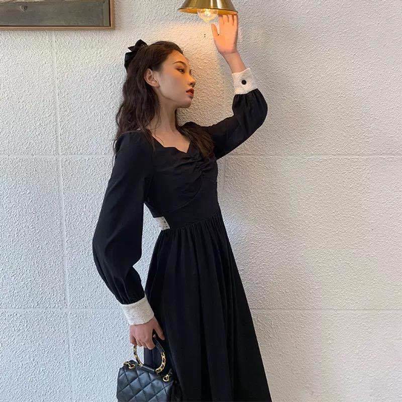 IELGY    Square Collar Stitching Hepburn Style Thin Women's Retro Dress