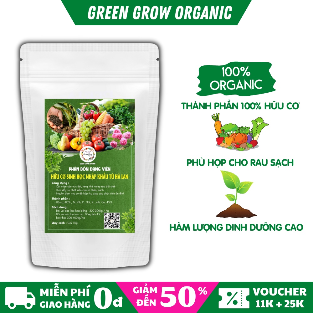 Phân bón hữu cơ dạng viên nhập khẩu Hà Lan loại phân bón humic cho hoa hồng rau sạch túi 1kg MS105 GREEN GROW