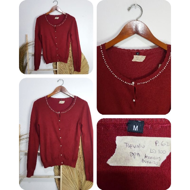 Áo CARDIGAN Màu Đỏ Đính Ngọc Trai Thương Hiệu Nhật Bản