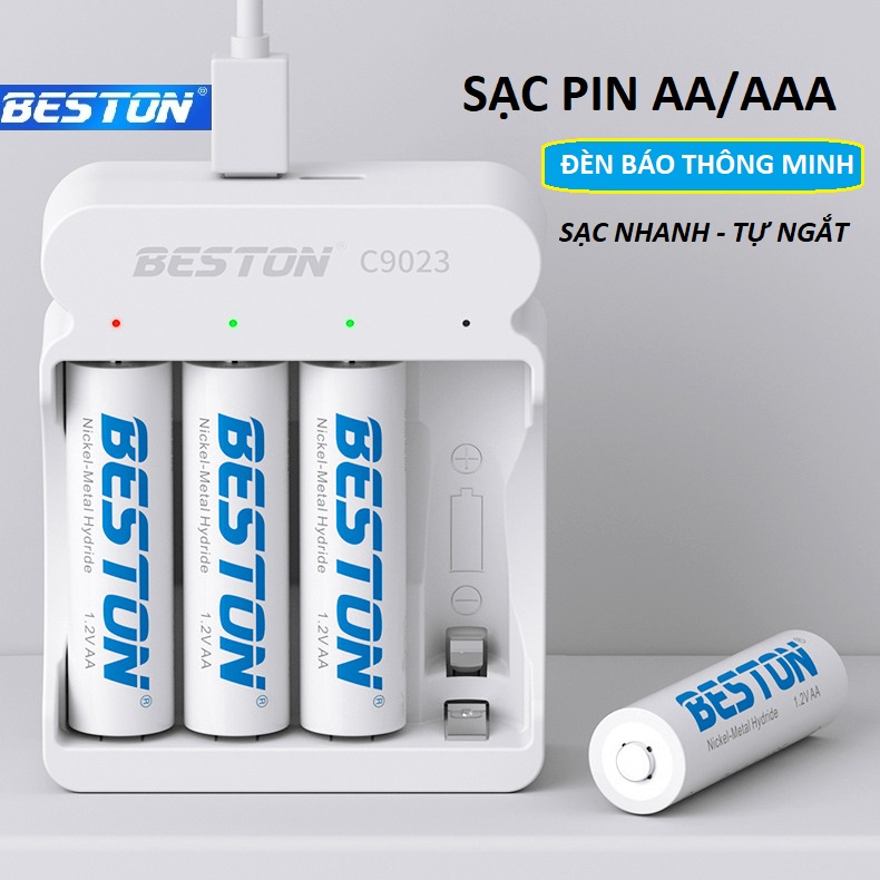 Bộ Sạc pin AA AAA Beston C9023, có tính năng sạc nhanh, tự ngắt khi đầy, đèn báo thông minh, dùng cho micro, đồ chơi