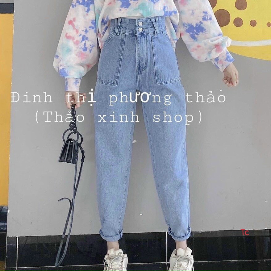 Quần jeans nữ,Quần bò baggy đai chéo túi ốp form đẹp sặn gấu màu xanh | BigBuy360 - bigbuy360.vn