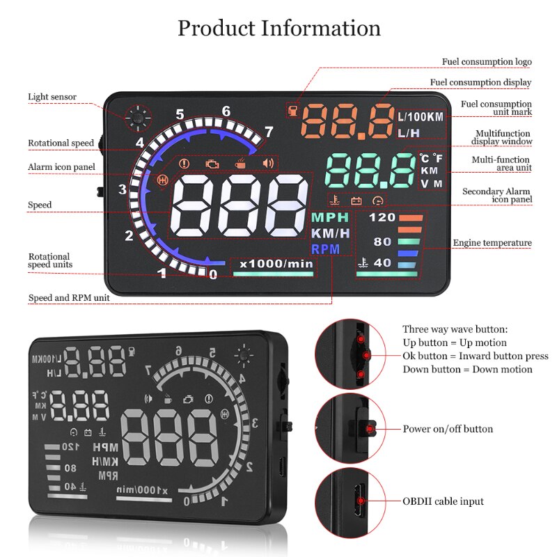 OBD2 HUD Màn hình hướng lên trên ô tô Đa dụng 5.5 inch Màn hình lớn Đồng hồ tốc độ tự động Máy chiếu kính chắn gió Máy quét OBD Hệ thống cảnh báo nhiên liệu