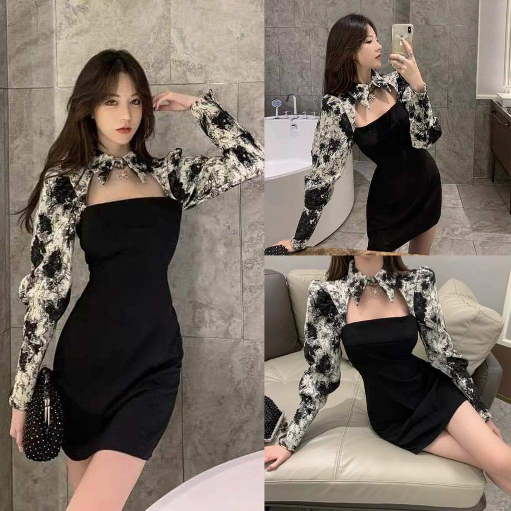 Sét Váy Áo Croptop Loang Tiểu Thư Sexy Nơ Cổ
