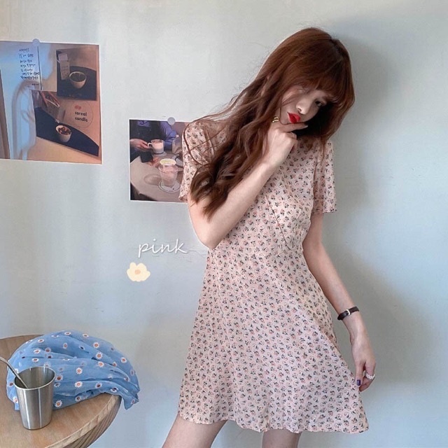 Đầm hoa nhí cổ v dây nơ eo ulzzang hàn quốc siêu xinh