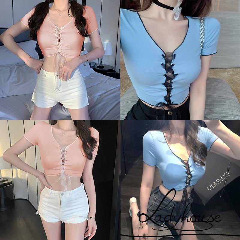 Áo thun croptop tay ngắn cổ chữ V màu sắc đơn giản dành cho nữ