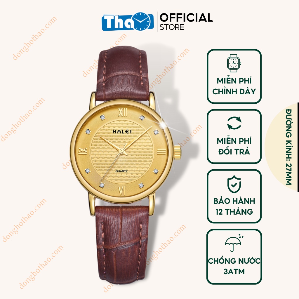 Đồng Hồ Nữ Halei 545 Dây Da Nâu Vàng Sang Chảnh
