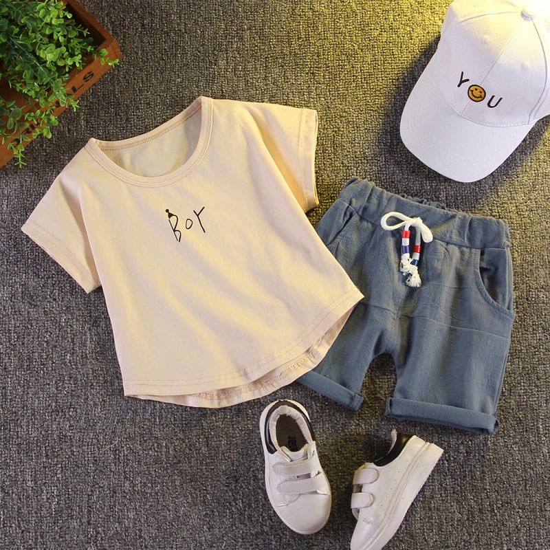 Set đồ mùa hè 2 món gồm áo tay ngắn 95% Cotton màu trơn + quần ngắn thời trang cho bé trai