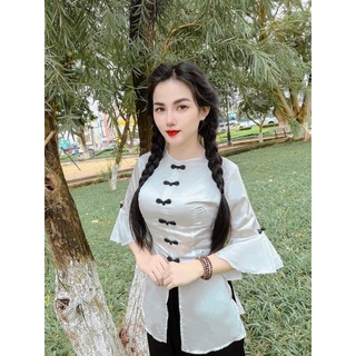 Đồ Lam Đi Chùa Bà Ba Chất gấm cổ tròn nút ngọc