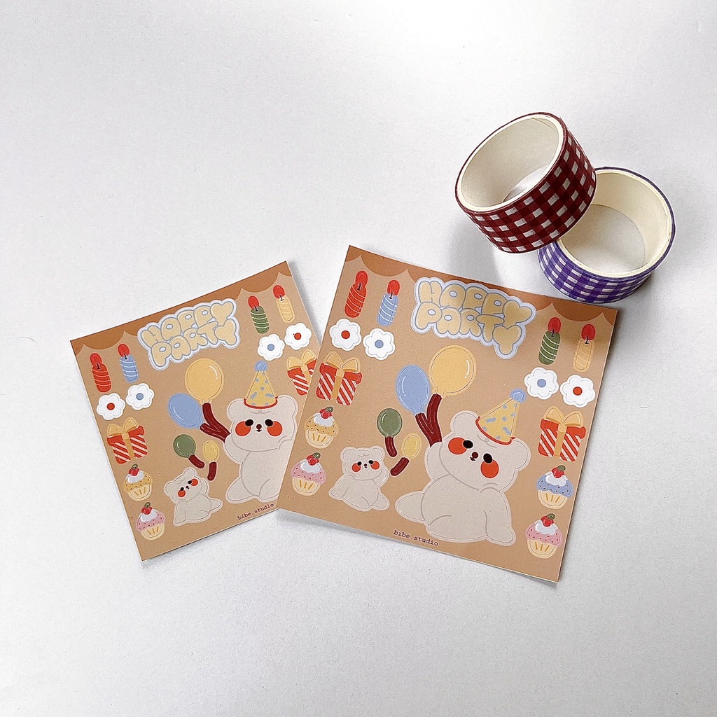 Bibe | Noonee Happy Party Sticker Sheet + Die-cut Sticker | Hình Dán Trang Trí Sổ Planner, Bullet Journal