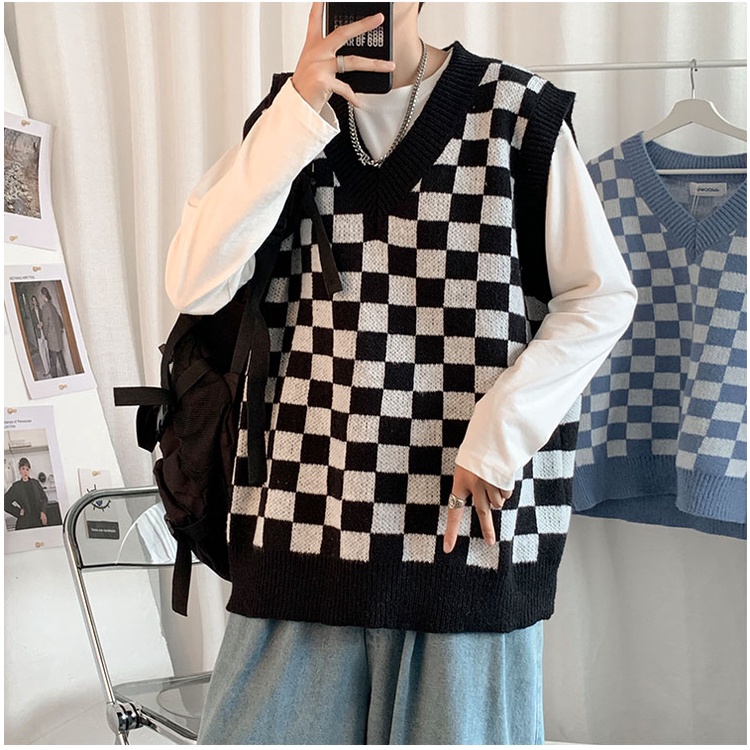 Áo gile nam form rộng, áo len nam sọc caro phong cách retro Hàn Quốc