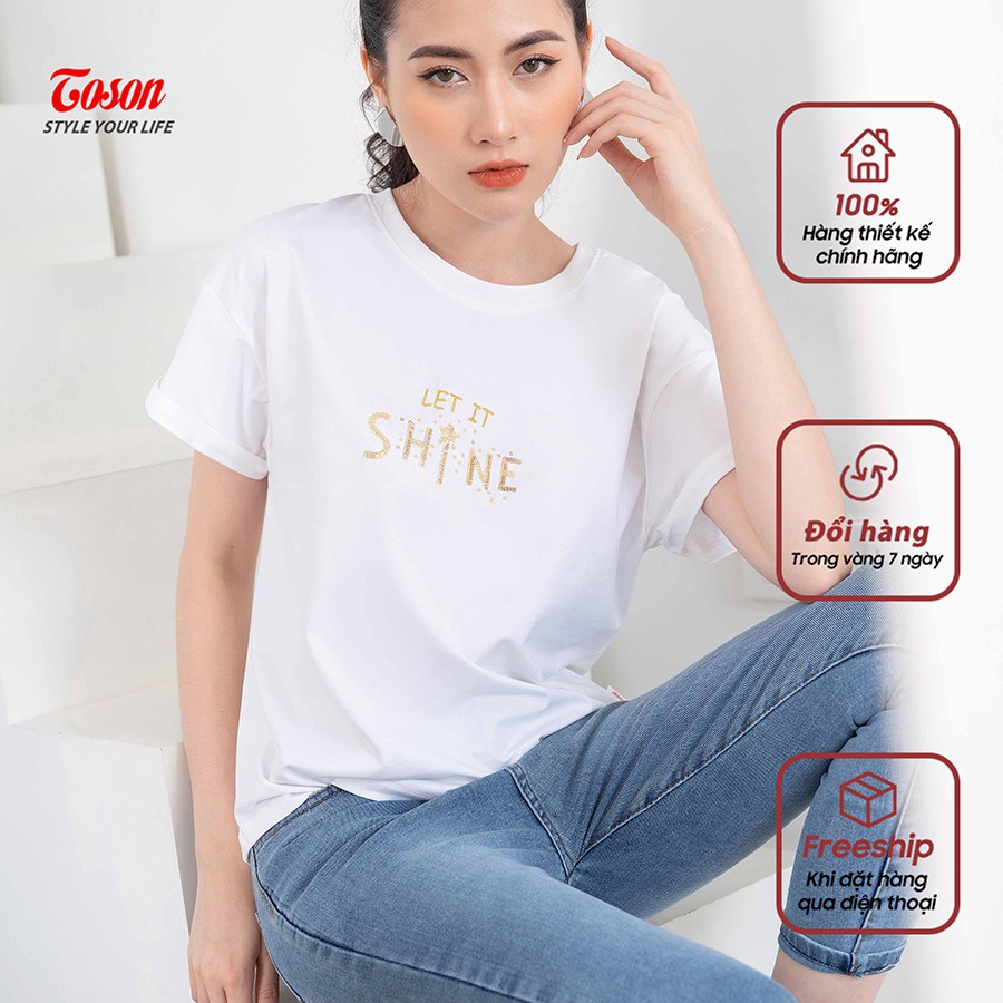 Áo T-shirt cotton from rộng tay nơ vê, ngực thêu kim sa