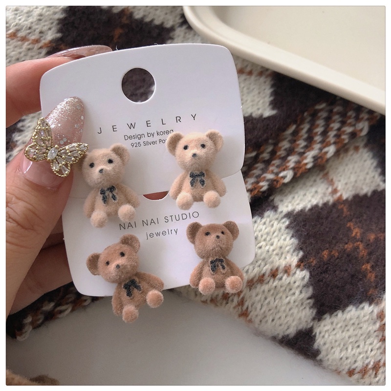 Bông tai có hình gấu bông 3D mạ bạc 925 phong cách Hàn Quốc