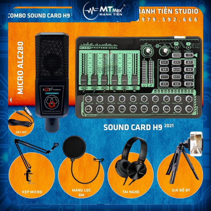 Combo soundcard H9 + Micro ALC 280 thu âm. hát karaoke, livetream mọi lúc mọi nơi