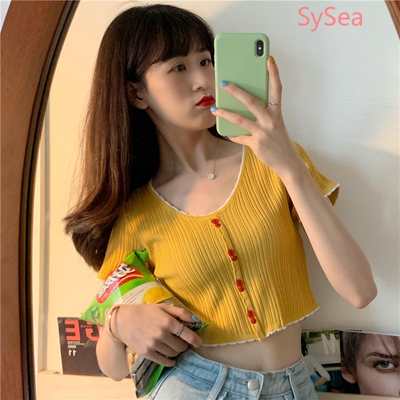 Áo Croptop Dệt Kim Tay Ngắn Thiết Kế Cổ Chữ V Quyến Rũ Cho Nữ