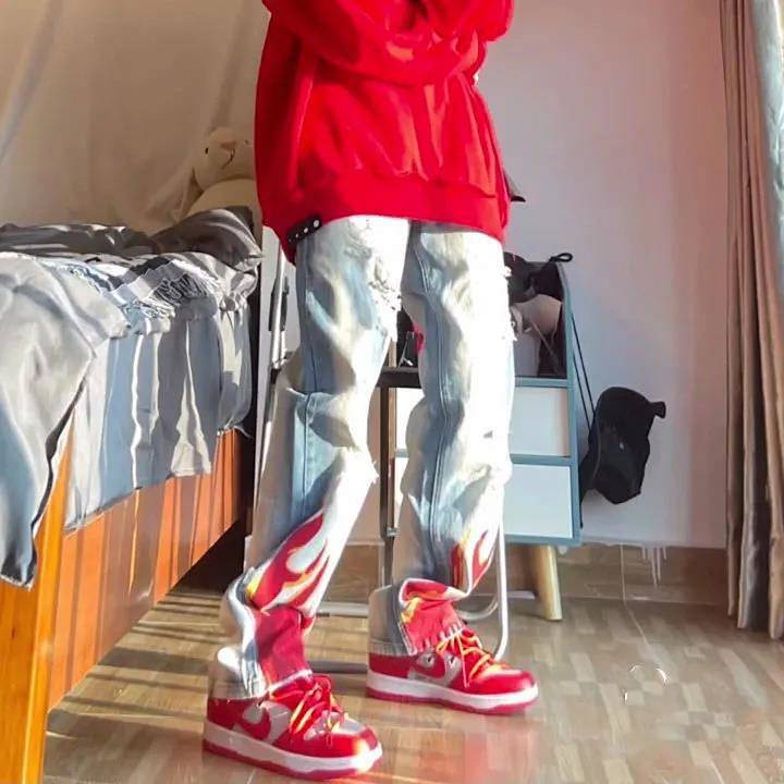Autumn 2022 New Flame Print Ripped Washed Distressed Oversized Jeans Hip Hop High Street Style Trousers for Men and Women cE5T