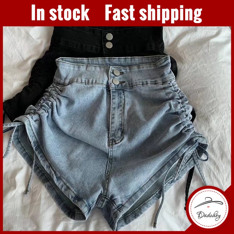 Quần short vải jean mỏng co giãn phối dây rút thời trang mùa hè gợi cảm có cỡ lớn cho nữ
