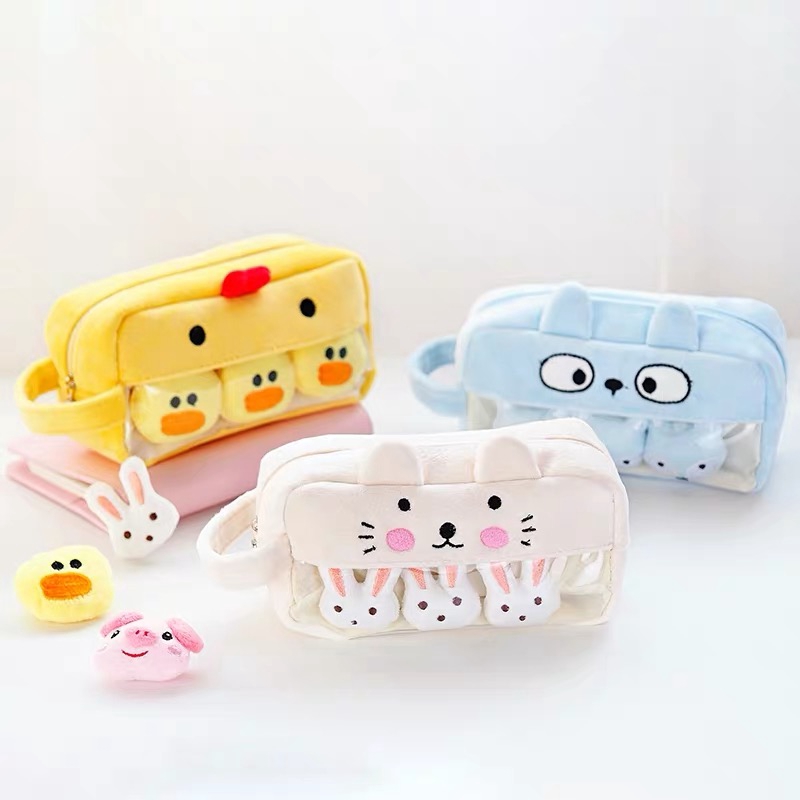 Túi Đựng Bút Trong Suốt Họa Tiết Hoạt Hình Phối Lông Nhung Xinh Xắn