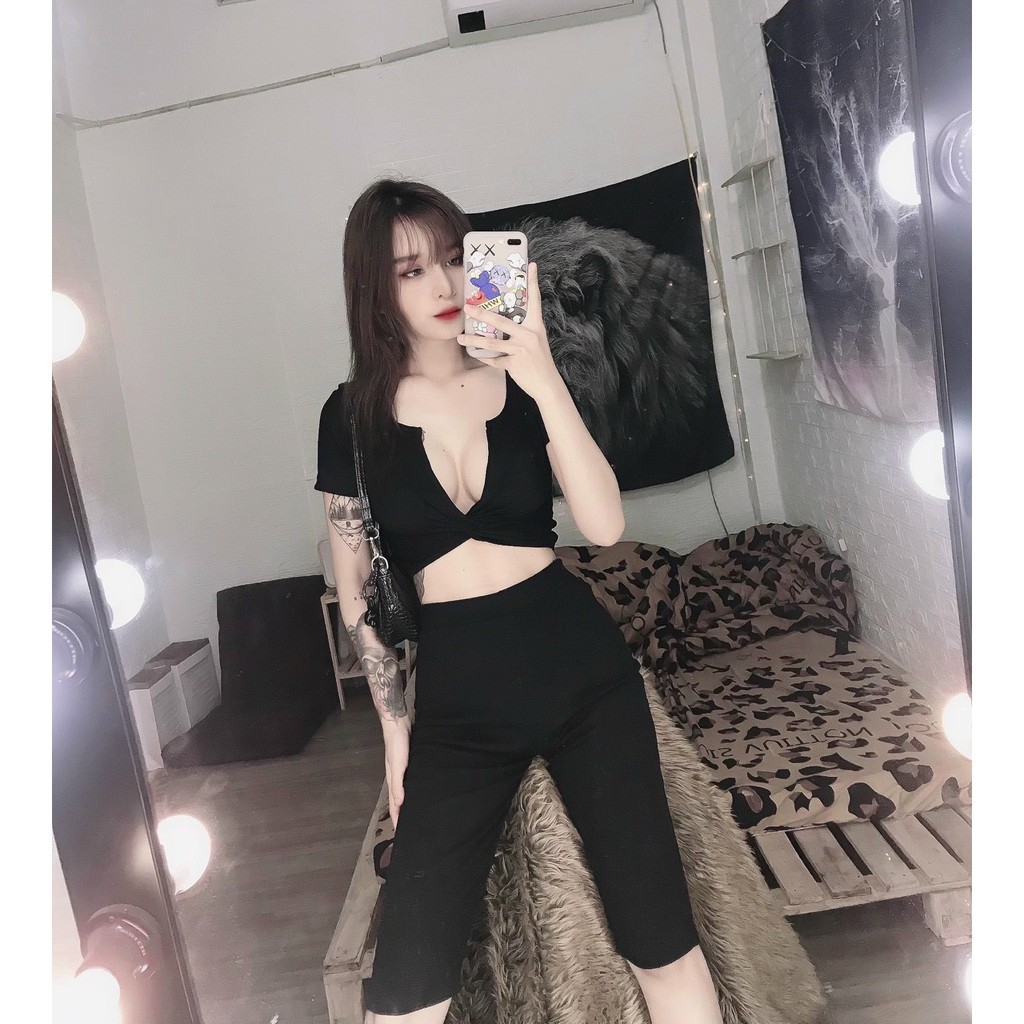 Sét bộ áo croptop hở ngực xoắn eo phối quần ngố body cực xinh , chất thun bozip mềm mịn ( ảnh thật )