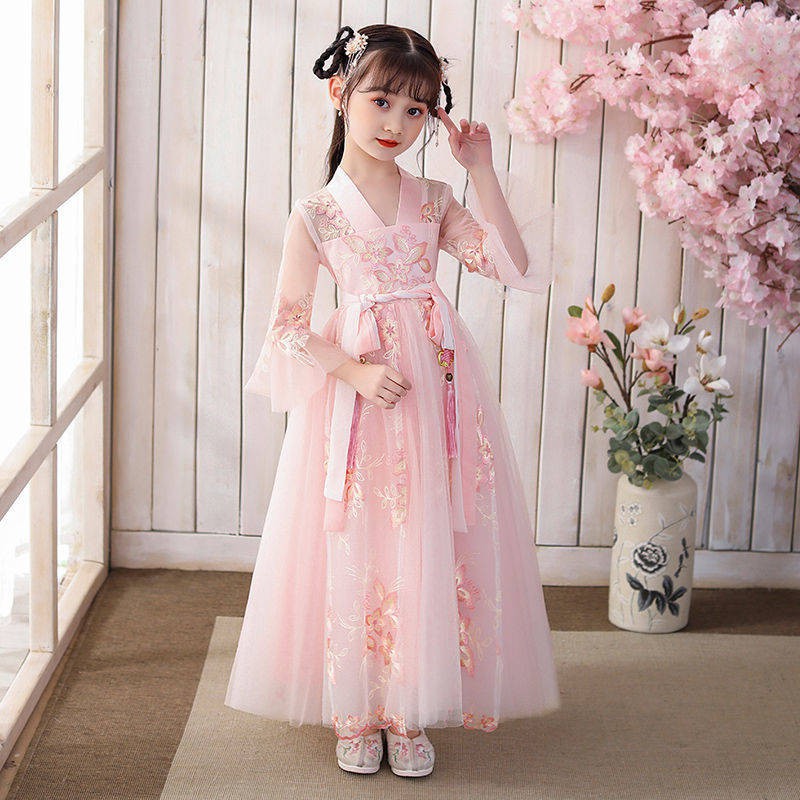 Hanfu cô gái cải thiện trang phục Hanfu trẻ em phù hợp với nữ mùa hè cuộn bột phong cách Trung Quốc Super Fairy Tiểu học