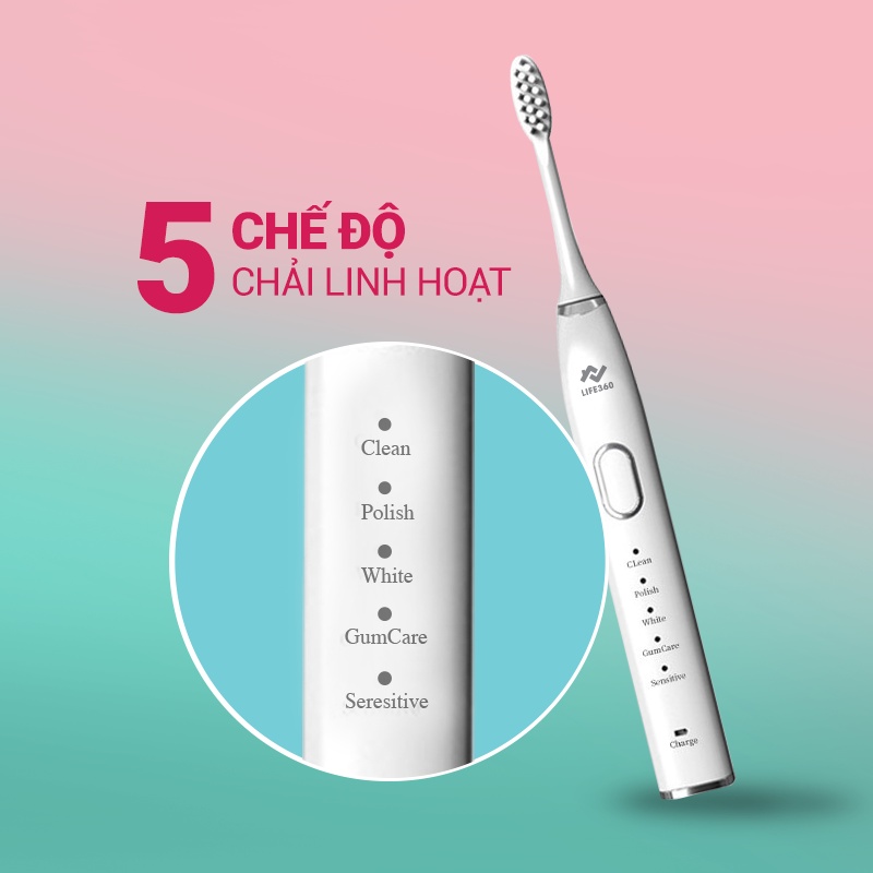 Bàn Chải Điện Sonic Life360 LE-BCD22A (Bản Cao Cấp) - Chải Sạch Mảng Bám Tới 10 Lần, Chống Nước IPX7 - Màu Trắng & Hồng