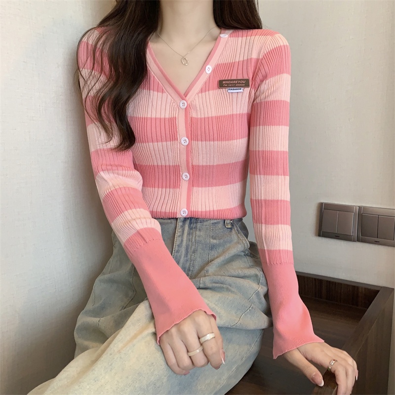 SUXI Áo Cardigan Dệt Kim Kẻ Sọc Dáng Ôm Phong Cách Cổ Điển Thời Trang Quyến Rũ Cho Nữ