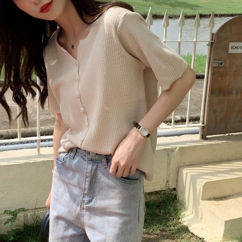 Áo khoác cardigan dệt kim ngắn tay màu trắng trẻ trung