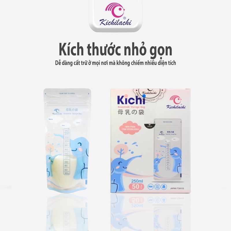 Túi Trữ Sữa Kichilachi 250ml- Cảm Biến Nhiệt Độ, Có Khóa Zip Chắc Chắn Chống Rò Rỉ