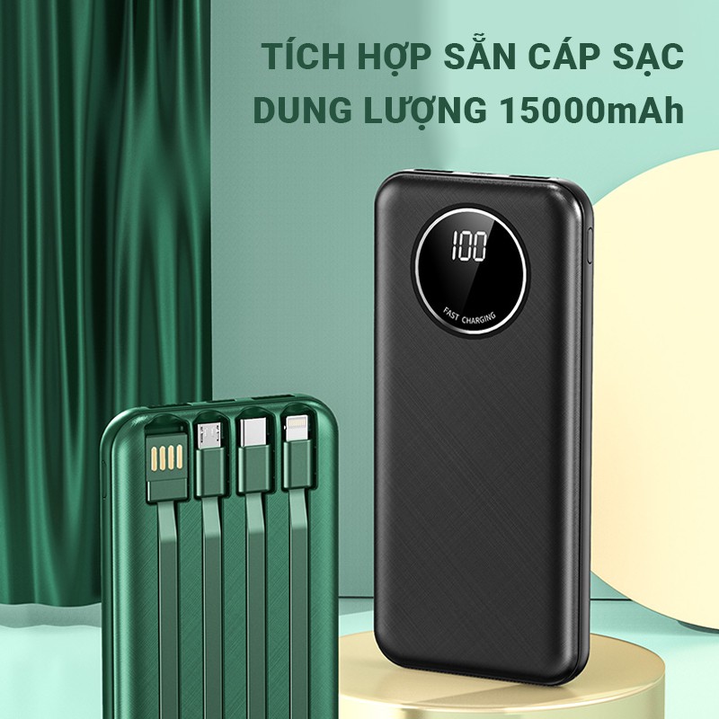 Pin sạc dự phòng 15000mAh tích hợp sẵn cáp sạc Cát Thái YM-343 hỗ trợ sạc nhanh 2.1A, 4 cáp USB/Micro/Type-C/Lightning