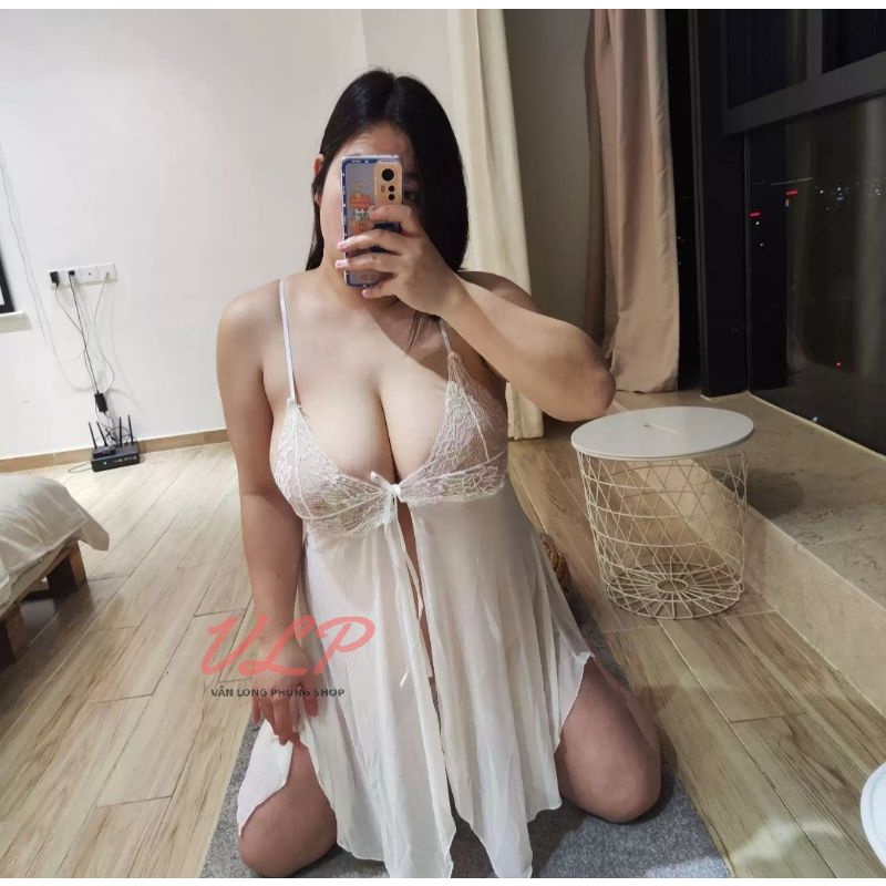 [BIGSIZE_75KG]_DN76_Váy ngủ voan lụa mềm phối ren xẻ tà trước sexy