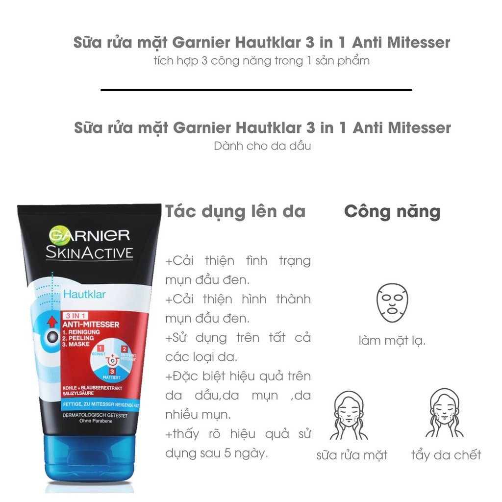 Sữa rửa mặt sạch mụn dành cho da dầu GARNIER HAUTKLAR 3 IN 1 ANTI-MITESSER MÀU ĐEN, Dung tích 150ML. | BigBuy360 - bigbuy360.vn