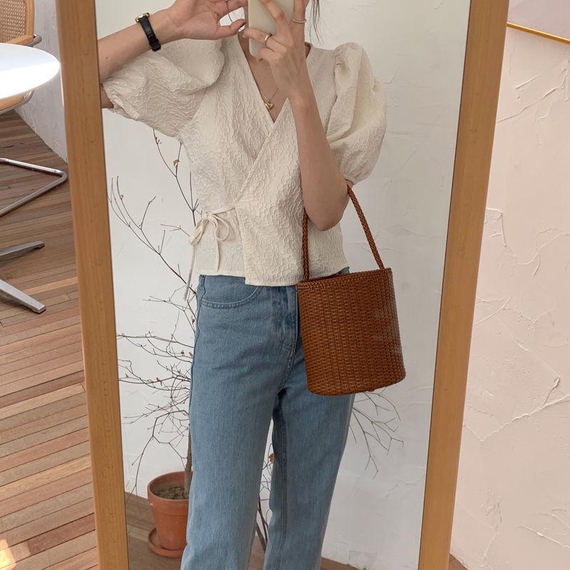 Áo Ngắn Tay Phồng Phối Ren Phong Cách Hàn Quốc Thời Trang Cho Nữ