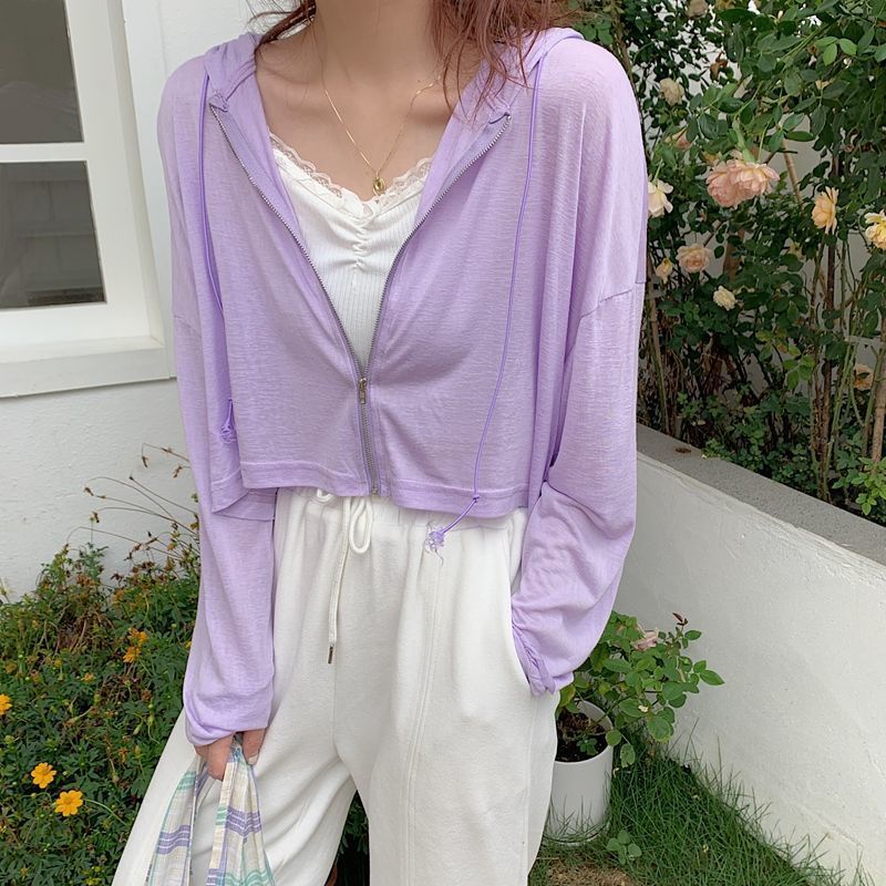 Jiashucheng Áo Khoác Cardigan Mỏng Có Nón Tay Dài Chống Nắng Phong Cách Mới Dành Cho Bạn Nữ Mặc Ngoài Trời