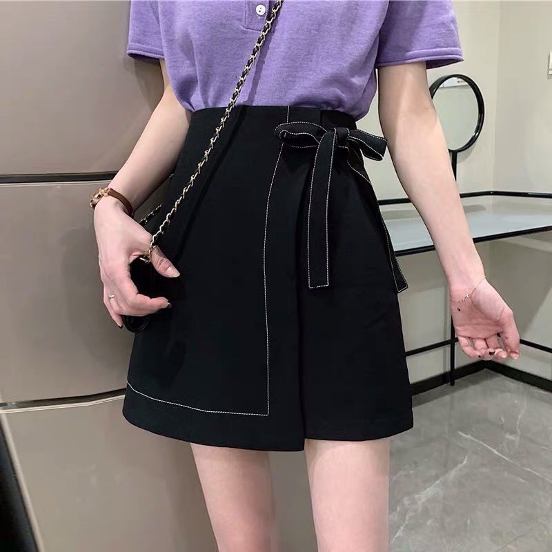 Chân váy kiểu nữ đính nơ eo viền chỉ nổi THUS, Váy chữ A dáng ngắn điệu đà tiểu thư THUS517