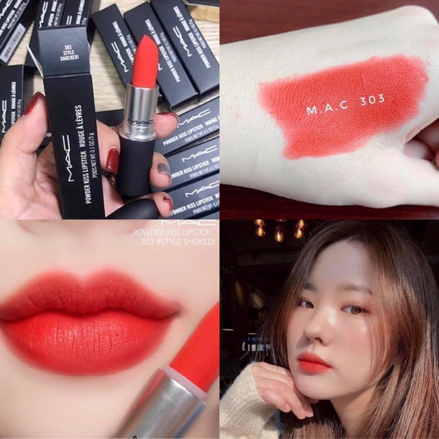 Son MAC 303 Style Shocked Màu Đỏ Cam siêu hot, son MAC Powder Kiss Lipstick chính hãng date xa