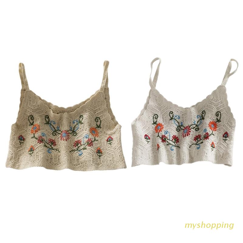 Áo Croptop Hai Dây Đan Móc Họa Tiết Hoa Phong Cách Boho Cho Nữ