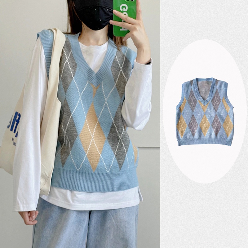 Áo gile len cổ V kẻ ô quả trám ulzzang phong cách Hàn Quốc vintage